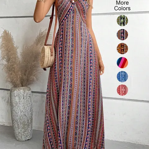Women's Printed Split Long Sleeveless Dress, Classic Stripe Design, Backless Criss Cross Strap, Spring Summer Fall Wear, Casual Boho Elegant Bohemian Style Womenswear, Boho Summer Dresses