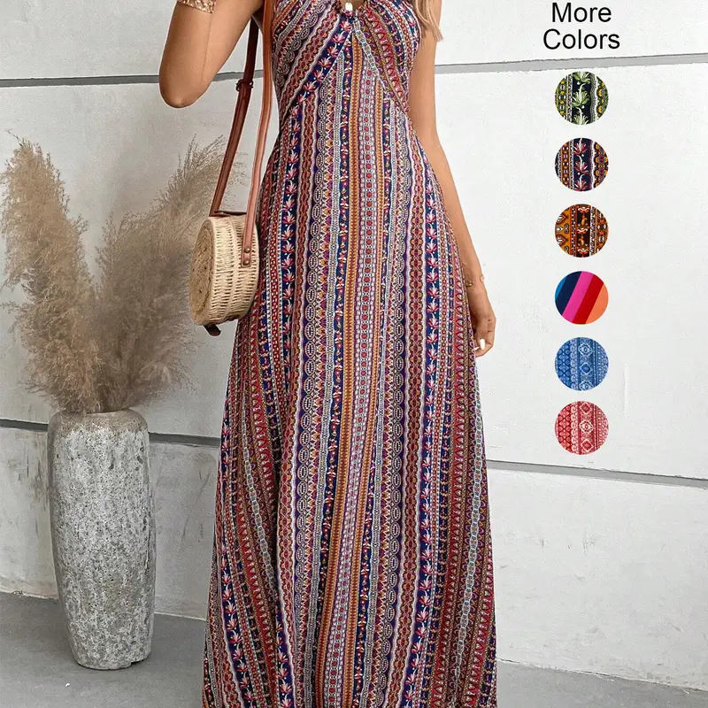 Women's Printed Split Long Sleeveless Dress, Classic Stripe Design, Backless Criss Cross Strap, Spring Summer Fall Wear, Casual Boho Elegant Bohemian Style Womenswear, Boho Summer Dresses