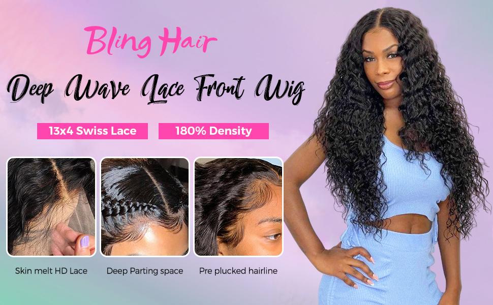 Bling Hair V Part Wigs Deep Wave With Invisible Strap Drawstring 100% Human Hair Glueless Wig Deep Wave Natural Hairline Beginner Friendly 180% Density Curly Wigs For Women Natural Black