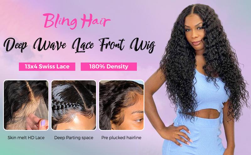 Bling Hair Clearance Sale 13x4 13x6 HD Transparent Lace Wig Deep Wave Brazilian Human Hair Lace Frontal Wig for Women Curly Pre Plucked 30 32 Inches 180% Natural Hairline Valentine’s Day