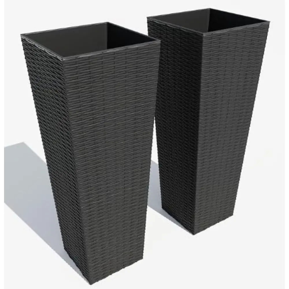 24'' Tall Planters Set of 2, Outdoor Flower Pots with Drainage Holes, Planter with Tray, Indoor & Outdoor Plant Pots for Living Room, Patio, Backyard, Garden (Black)