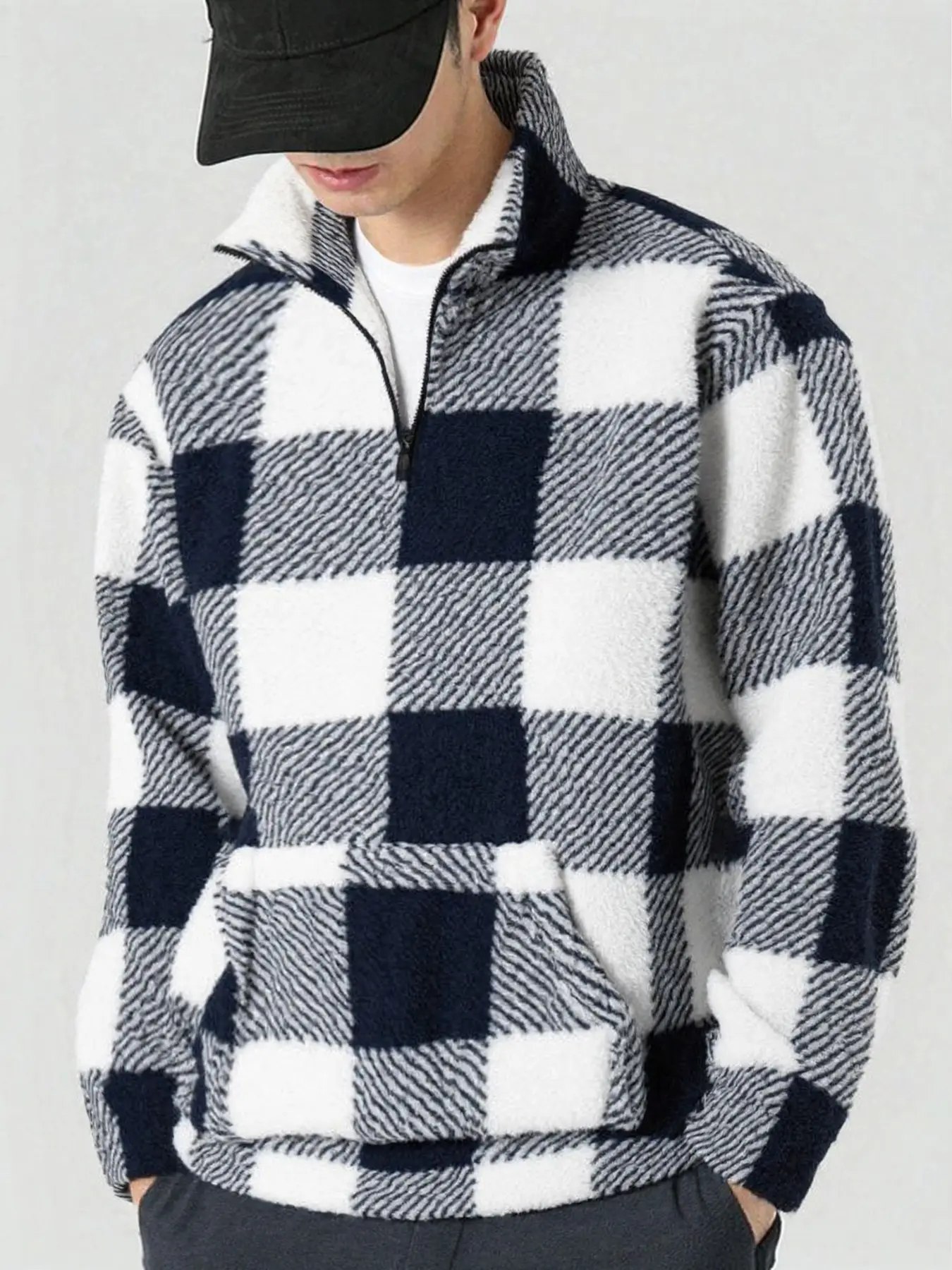 Men's Navy Checked Half-Zip Stand Collar Fleece Sweatshirt, Windproof Design, Loose-Fit Fall & Winter Casual Top