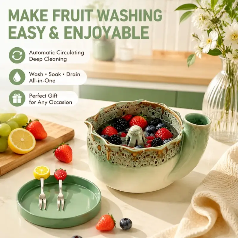 Rotary Ceramic Colander Bowl for Home Fruit Cleaning, Circulating Water Rinse, Dual‑use Wash & Strain, Multi‑color Gift Set