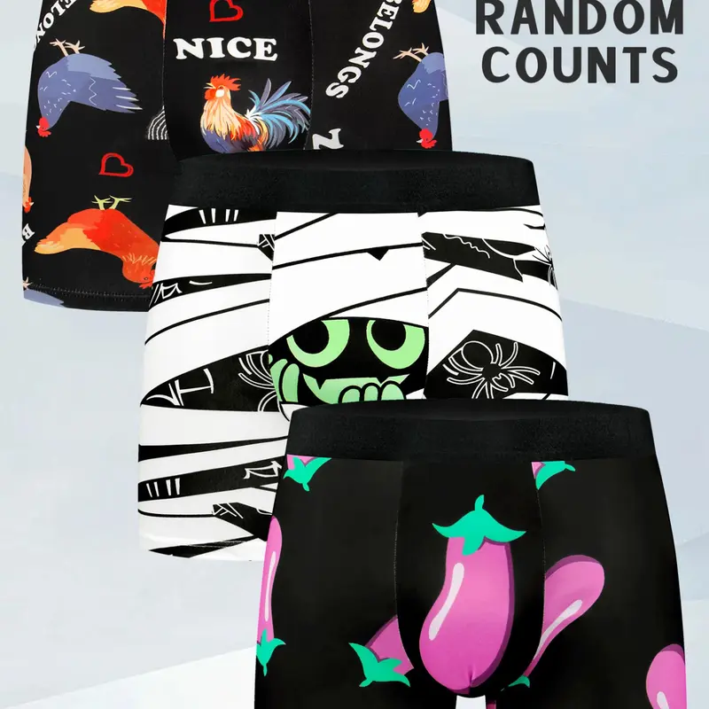 3 pcs men's stamp printed long sports flat cornered underwear, soft, lightweight and elastic waistband, suitable for fitness exercise, comfortable design, outdoor sports running, four season matching men's boxer underwear Stretchy Sporty Underwear