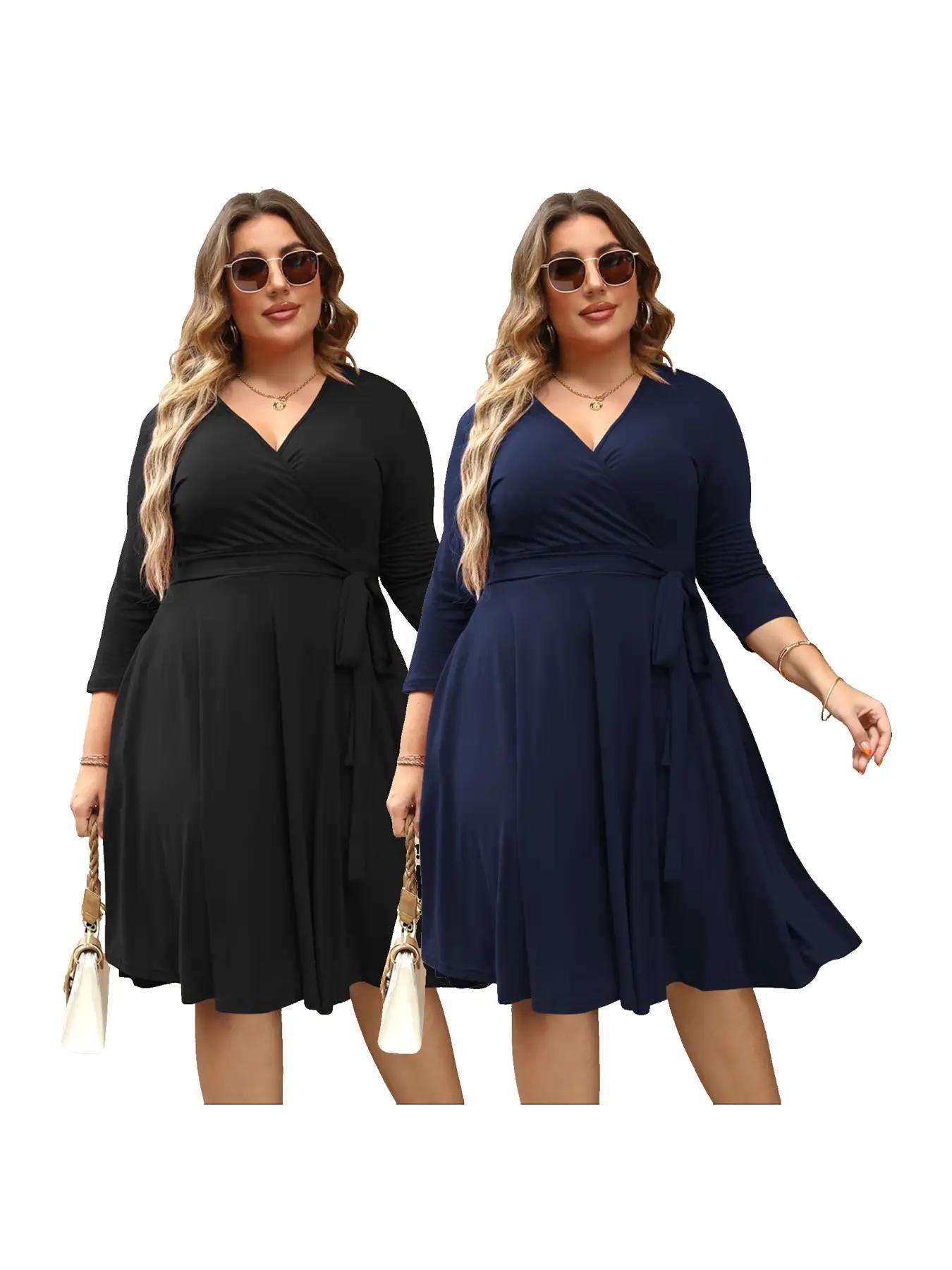 【Plus Size】Trendy Plain Wrap V Neck Belted A Line Plus Size Dress, Women's 3/4 Length Sleeve Solid Dress, Fall Outfit