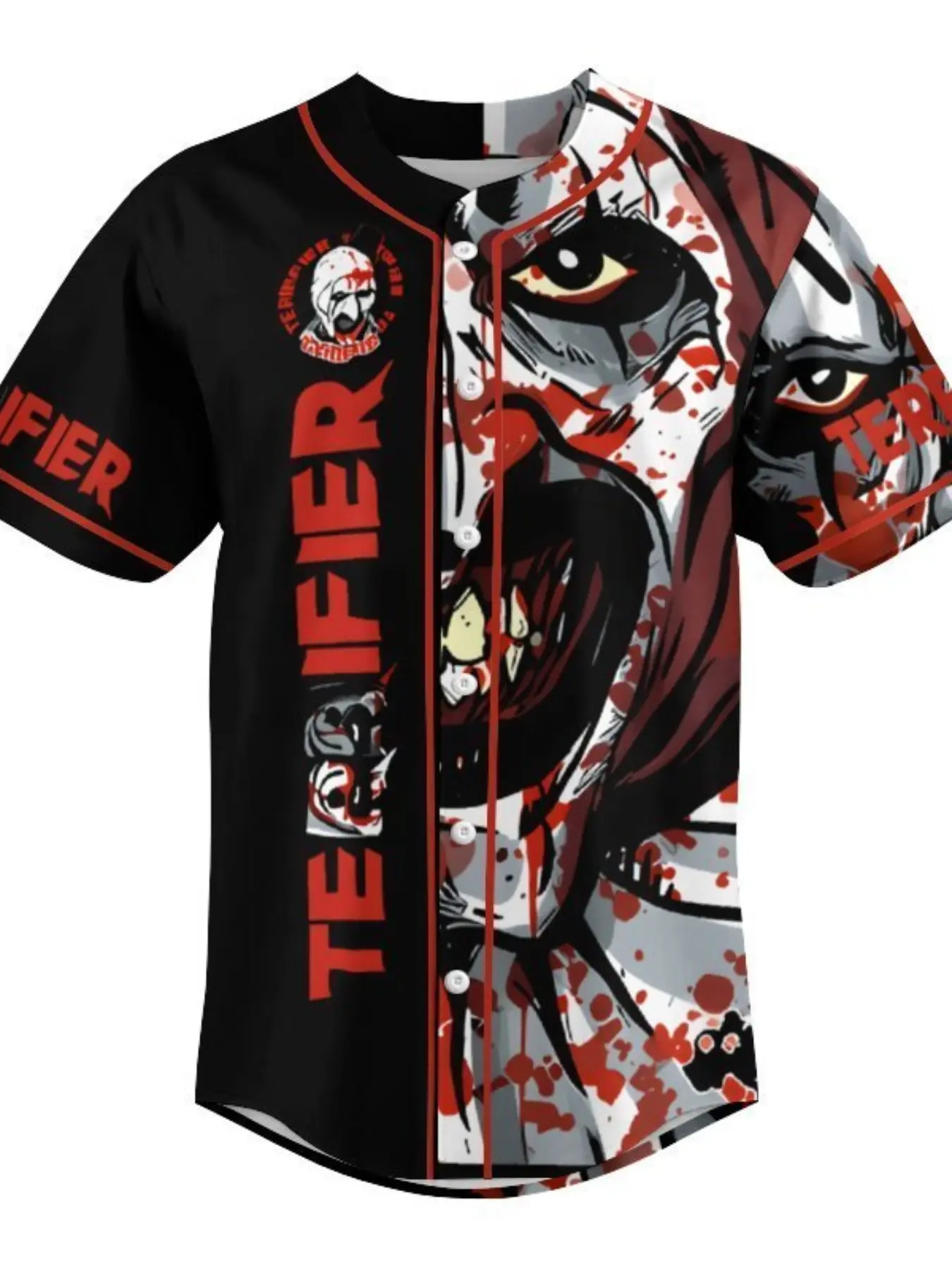 Terrifier Art The Clown Baseball Jersey, Horror Movie Blood Splatter Graphic Button Up Shirt, Short Sleeve Halloween Outfit for Men Women