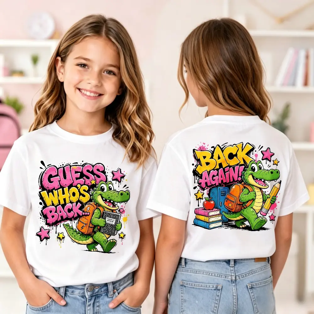Guess Who’s Back Again Cute Graffiti Crocodile Double Sided T-Shirt, Funny Alligator Back To School Tee, Trendy First Day School Outfit