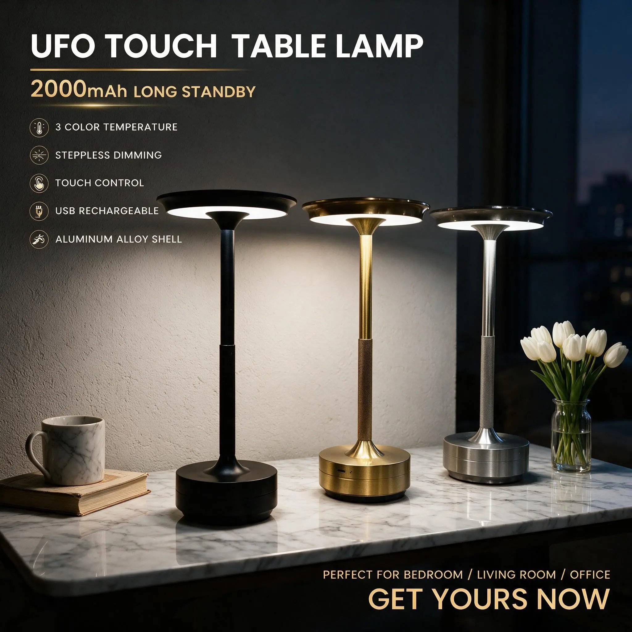 LED Night Light Desk Lamp, USB Rechargeable, Adjustable Brightness, Touch Control, 2000mah Battery, Ideal for Living Room, Bedroom, Office