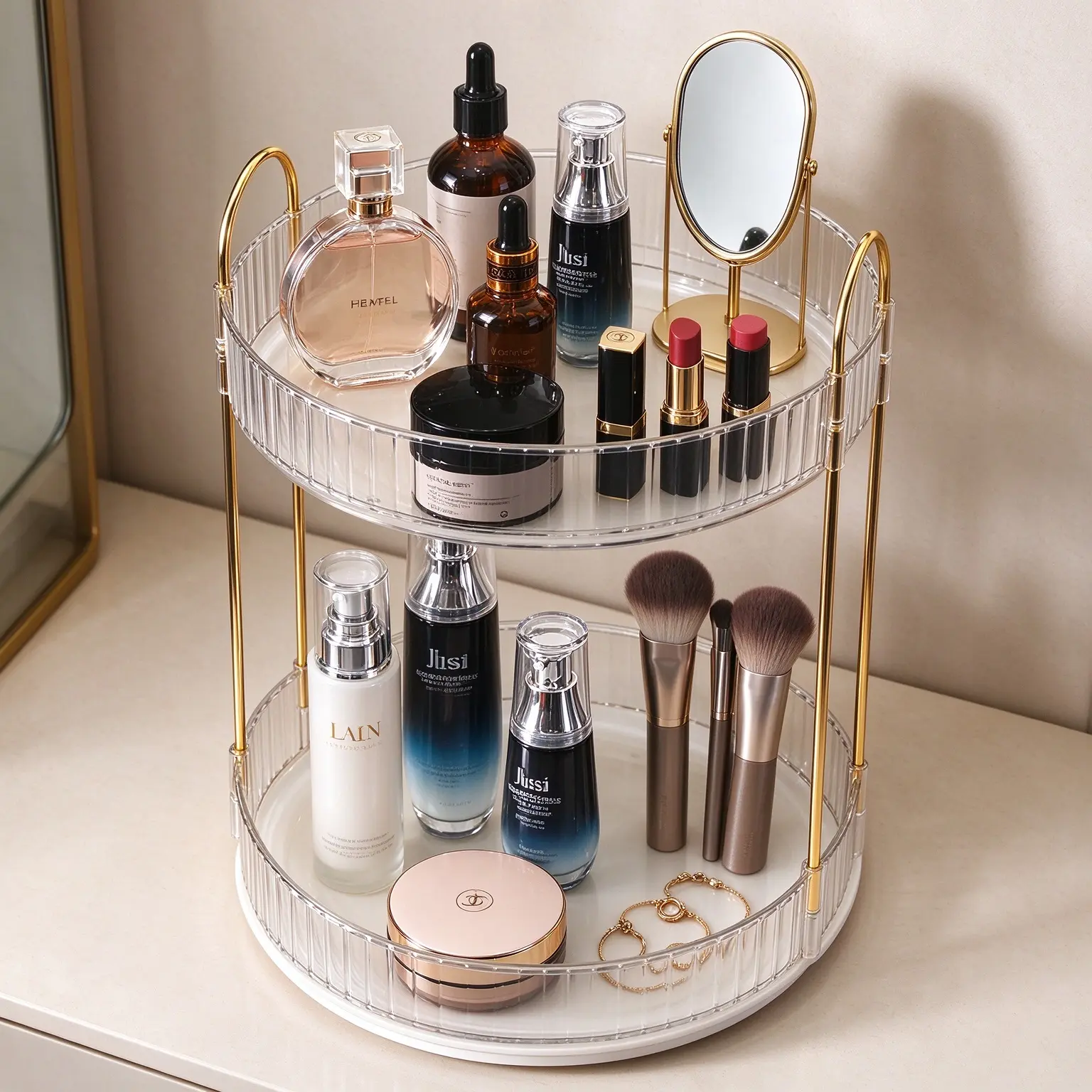 2 Tier Rotating Makeup Organizer for Vanity,360 Degree Spinning Skincare and Perfume Holder,Clear Cosmetic Storage Rack with Large Capacity,Countertop Organizer for Bathroom,Dresser,Bedroom and Dressing Table,Space Saving Makeup Stand for Lotions