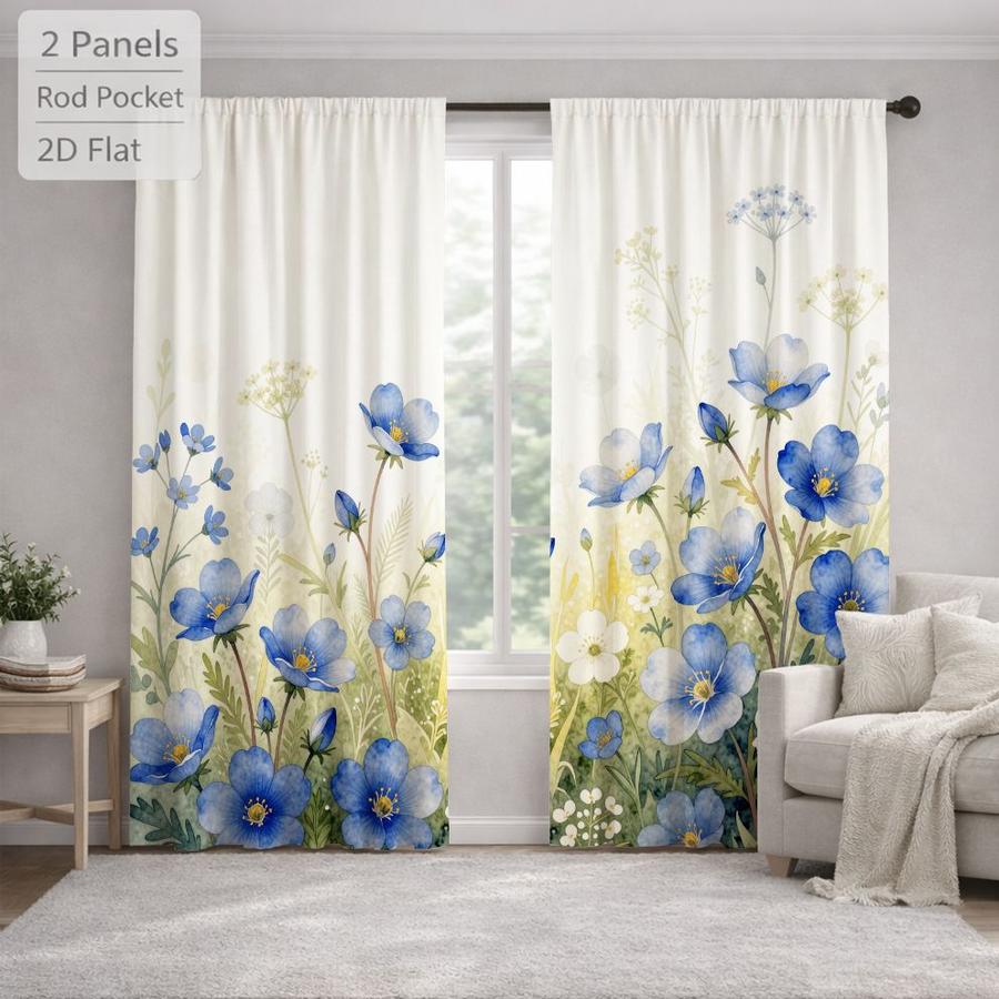 2Pcs Floral Rustic Blue Flower Meadow Sun Blocking Curtains Digital Printed Rod Pocket, Window Treatment For Bedroom Office Kitchen Living Room Study Home Decor