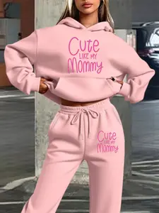 Women's Hooded Sweatshirt and Pants Set, Fall Winter, Cute Letter Print, Casual Street Style, Kangaroo Pocket, Drawstring Waist