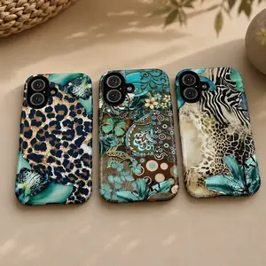 Vintage Teal Leopard Print Aesthetic Polycarbonate Phone Case for iPhone 17,16,15,14,13,12,11 Pro Max/Plus, Boho Patchwork Tough Case with Hybrid Dual-Layer Protection and Precise Cutouts