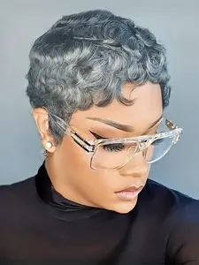 Human Hair Wig Natural Grey with Loose Curls 180% DensityMachine-Made Wig with Rose Net Cap Comfortable Fit for Daily Wear