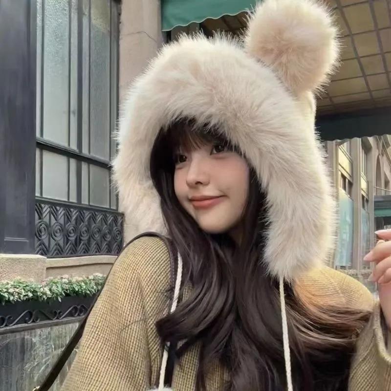 Winter  New Women's Plush Cute Bear Ear Hat ,Thicken and Warm Ear Protection Wind and Snow Hat  Plush Little Bear Lei Feng Hat