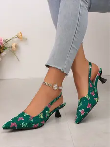 Emerald Green Satin Butterfly Print Pointed Toe Slingback Kitten Heel Dress Shoes