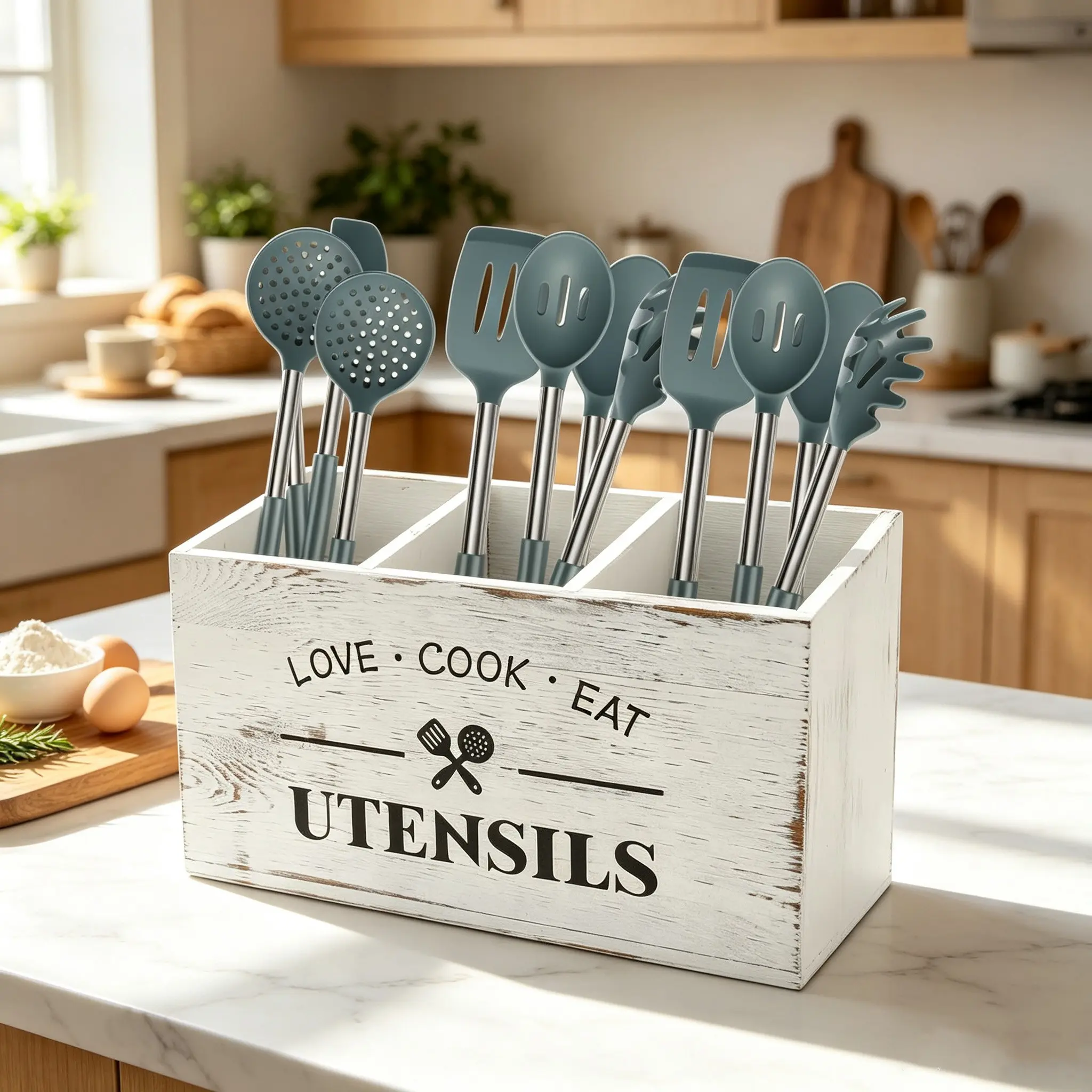 Wooden Three-Tier Kitchen Utensil Rack, Large Cutlery Holder, Farmhouse Style Cooking Tool Stand, Home Storage Organizer