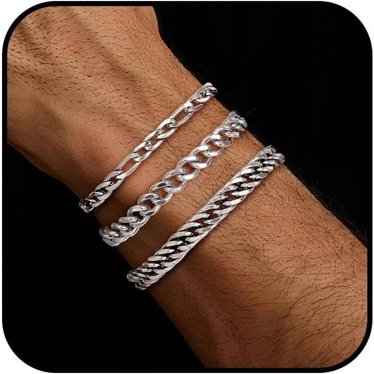 3 count Stainless Steel Chain Bracelets for Men Women  Cuban Figaro Link Chain Bracelet Men's Curb Chain Bracelets Twisted Wrist Bracelets 7/7.5/8.3/9 Inches
