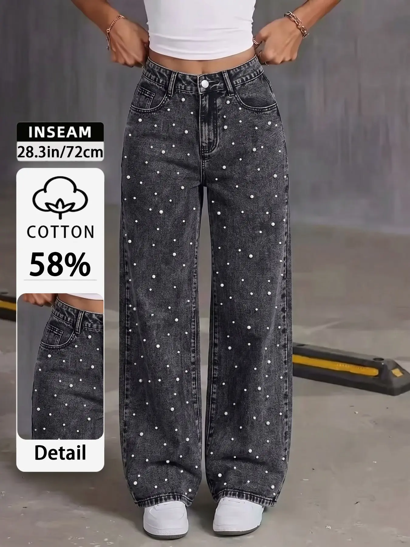 Slimming Mid-Rise Straight Leg Jeans for Women, Beaded Snow Wash Denim, Trendy Street Style, Elegant Chic Casual Pants, Summer & All Seasons Wear