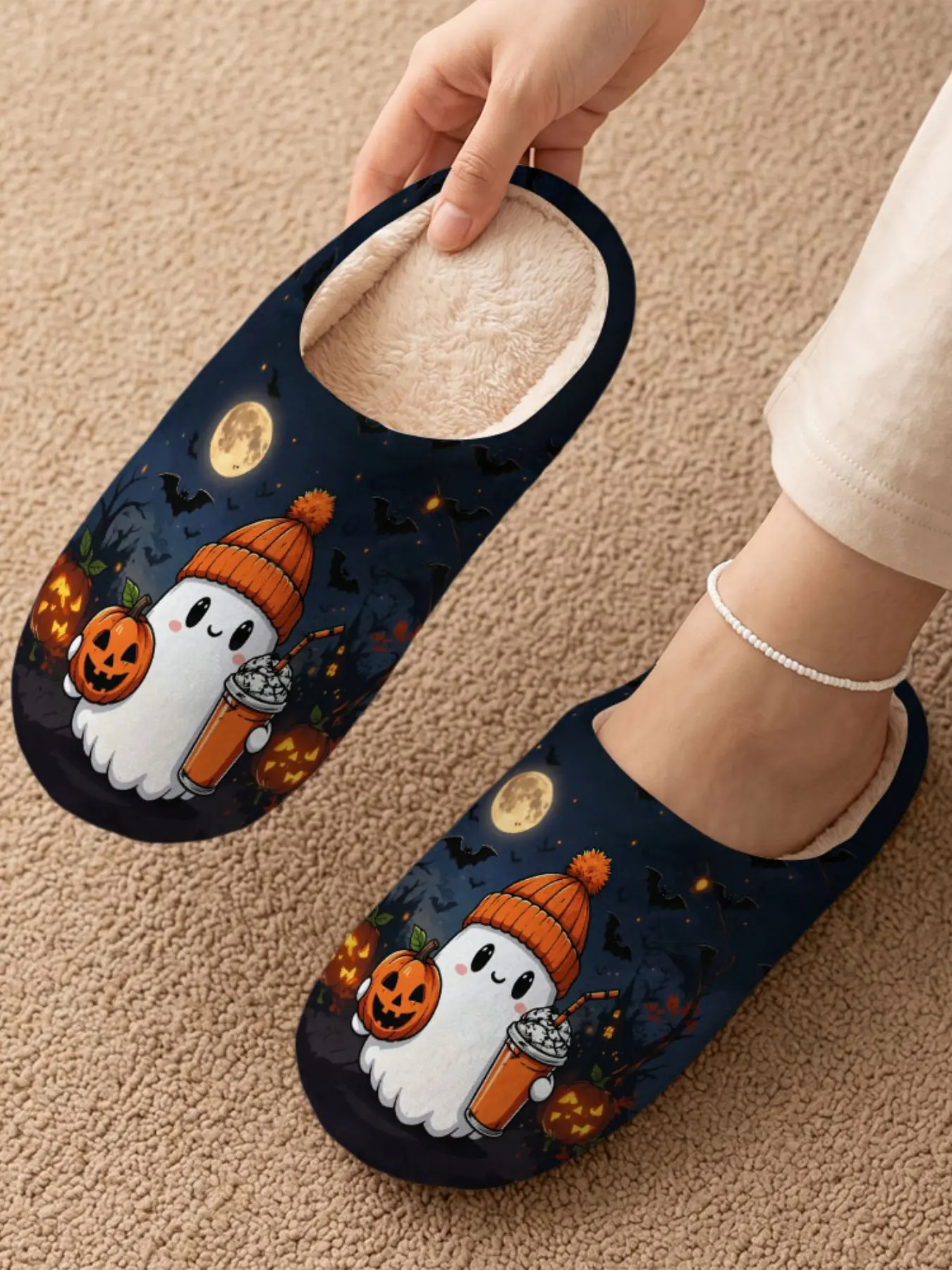 Women's Halloween Cartoon Slippers, Cute Pixel Zombie Ghost, Hat Ghost Pumpkin, Bat Ghost, Hand-Drawn Ghost Pumpkin, Fall Maple Leaf Print, Non-Slip Warm Bedroom Shoes