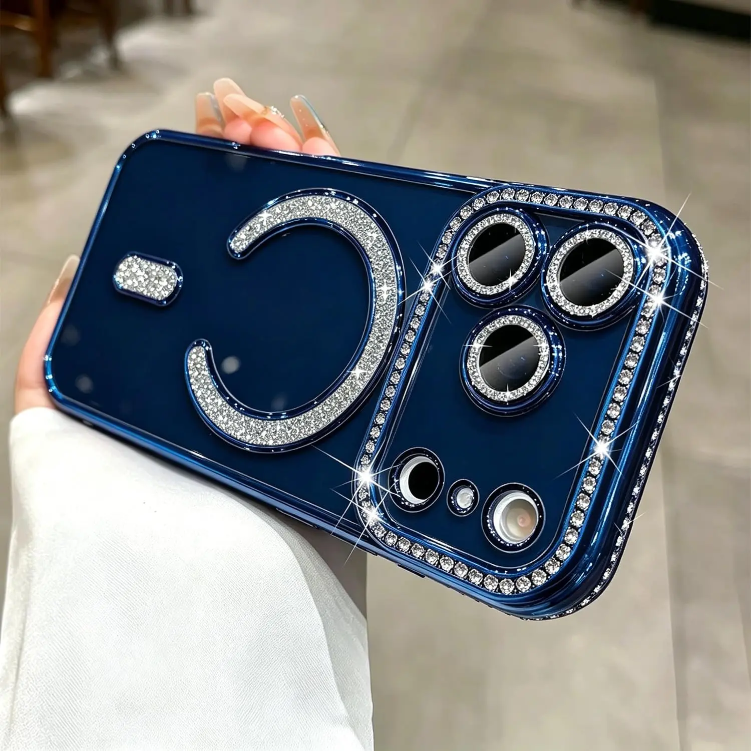 Sparkle Diamond Camera Protection Shockproof Clear Cute Glitter Bling for Women and Girls,Sparkle Diamond for iPhone 17,16,15,14 Pro Max Case(Compatible with MagSafe)Blue