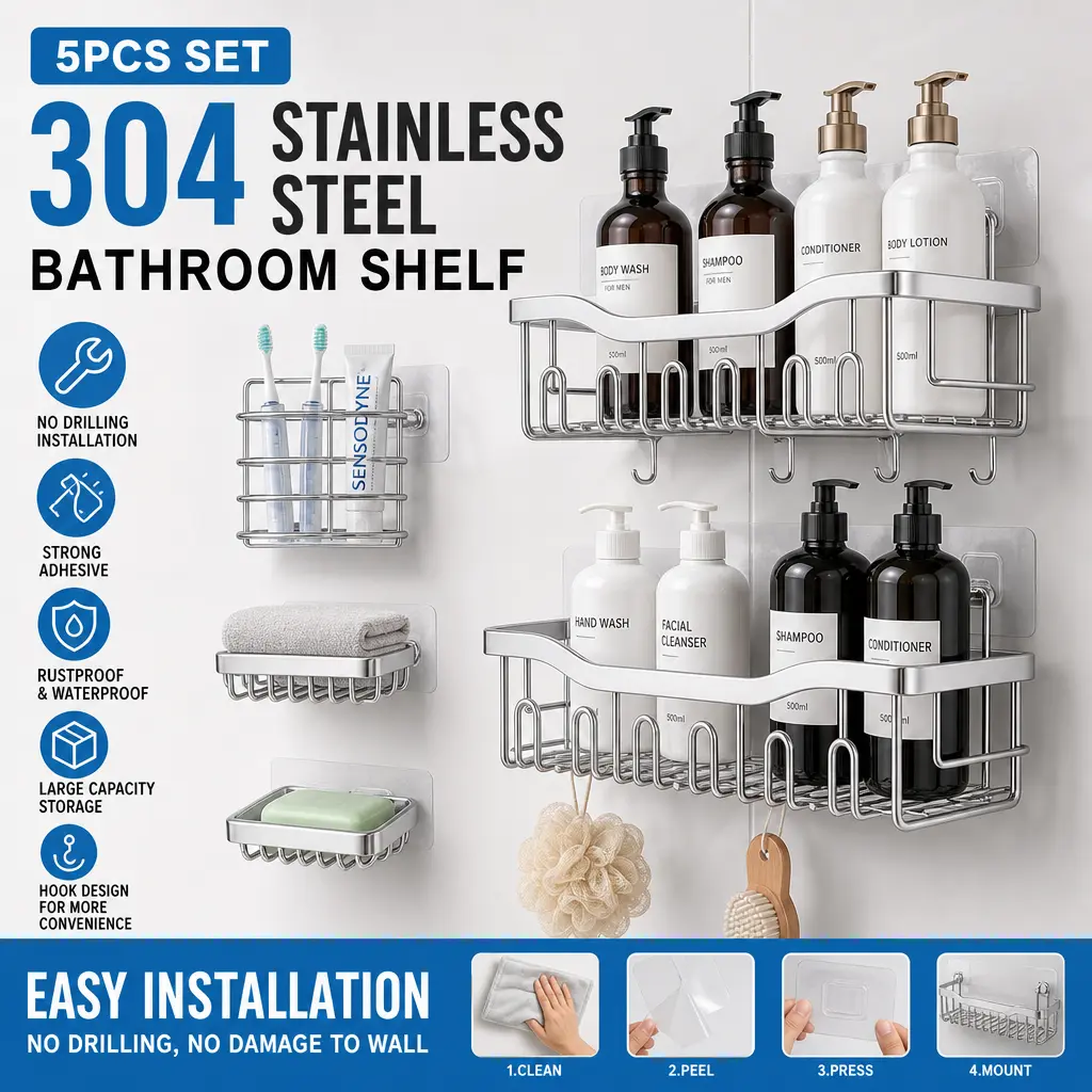 5 Pack Shower Caddy Organizer Set, Stainless Steel Shower Shelves, Rustproof Bathroom Storage Rack, No Drill Adhesive Wall Mount Organizer, Large Capacity Shampoo Holder, Soap Dish Storage for Shower Kitchen Home modern style