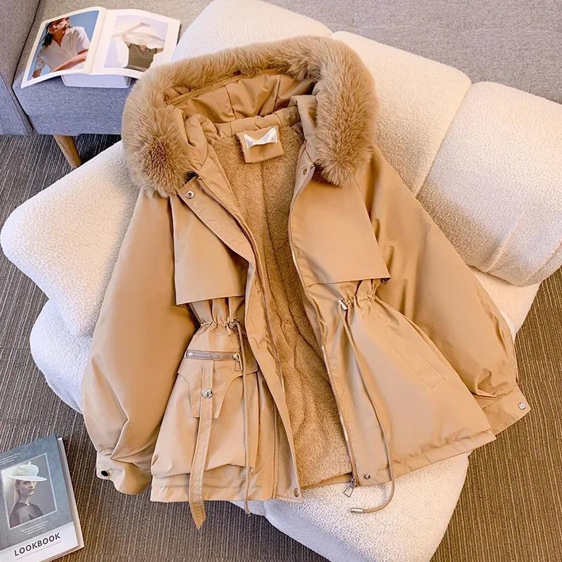 Fleece Lined Hood Down Jacket Winter Coat for Women Warm Drawstring Padded Parkas Korean Casual Streetwear Female Puffer Outwear Womenswear Asian Can be used with raincoat