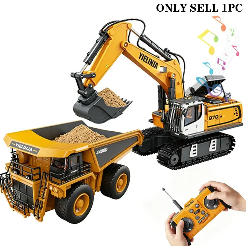 Remote Control Engineering Vehicle Toy, 2.4g RC Excavator and Dump Truck, Lights Music, Simulation Digging, Kids' Gift, Requires 2 Aa Batteries