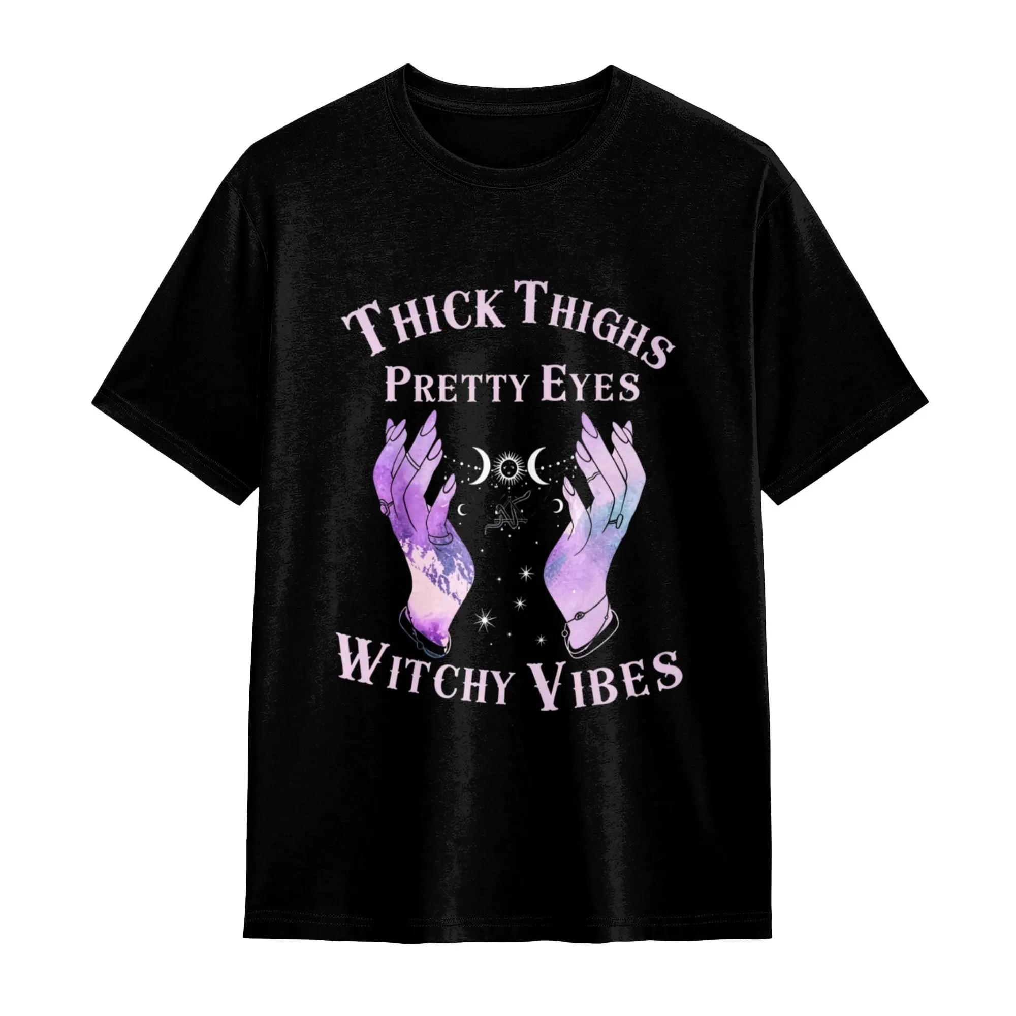 Women's 100% Cotton Round Neck Medium Length Graphic Tee - Graphical Print, Thick Thighs Pretty Eyes Witchy Vibes Mystical Halloween Design, Machine Washable Womenswear Top