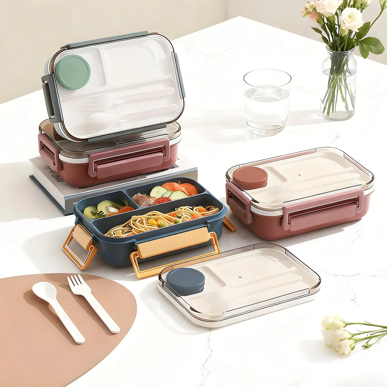 Color-block Buckle Divided PP Plastic Lunch Box, Equipped with Separate Sealed Sauce Cup & Cutlery Storage Compartment, Transparent Visible Lid Leakproof & Fresh-keeping, Large-capacity Bento Box for Meal Storage at Home, Office Commute & Picnic