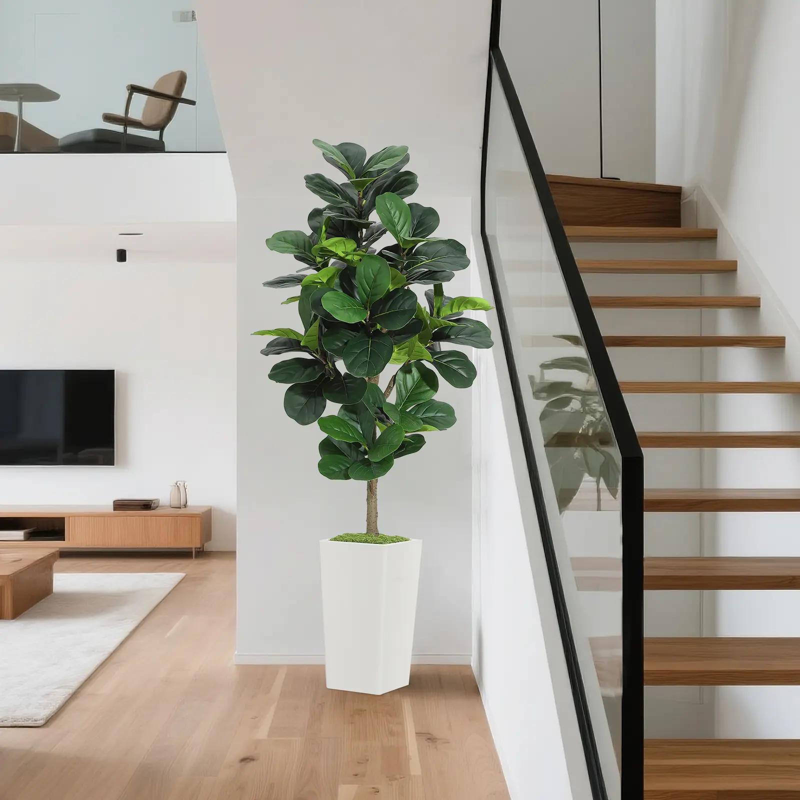 Artificial Fiddle Leaf Fig Tree 5/6ft – Faux Ficus Lyrata with Bendable Sprigs, Modern White Planter Included, Effortless Floor Plant for Home or Office