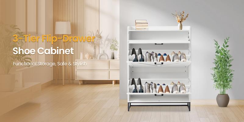 Large Capacity Farmhouse Shoe Cabinet - Oak White Freestanding Design with 2 Flip Drawers, Adjustable Compartments, Heavy Duty Build & Side Hooks