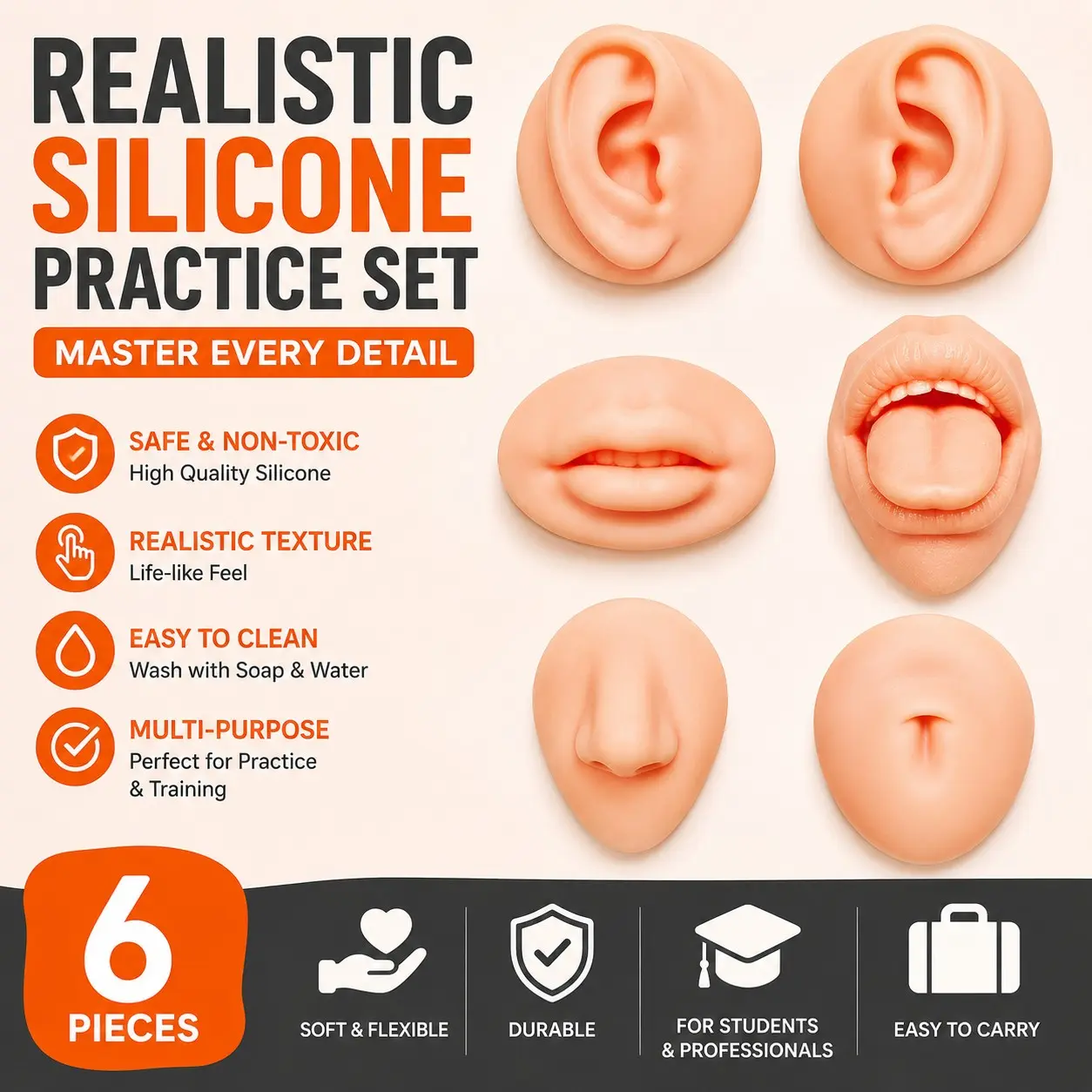 Silicone Realistic Facial Features Set, 6-Piece Piercing Practice Tools, Earring Nose Ring Display Props, Tattoo Studio Training Models