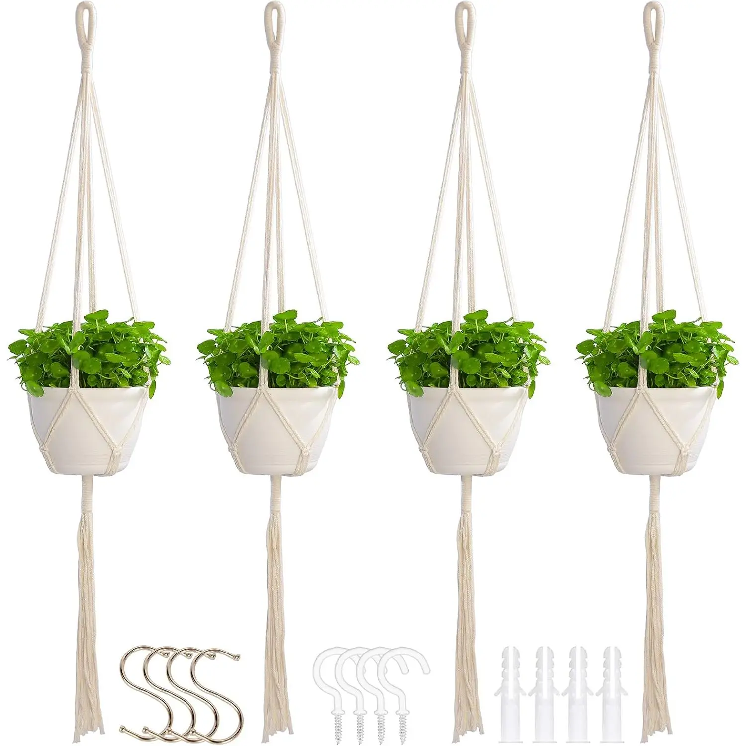 Macrame Plant Hangers Indoor Macrame,4 Pack Hanging Planter Holder for Window,Ceiling Crochet Handmade Boho Home Decor Set for Hanging Plants Basket Pot,Ivory