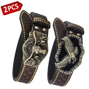 2PCS Western Eagle Buckle Belt with Studded Edge & Tooled Pattern