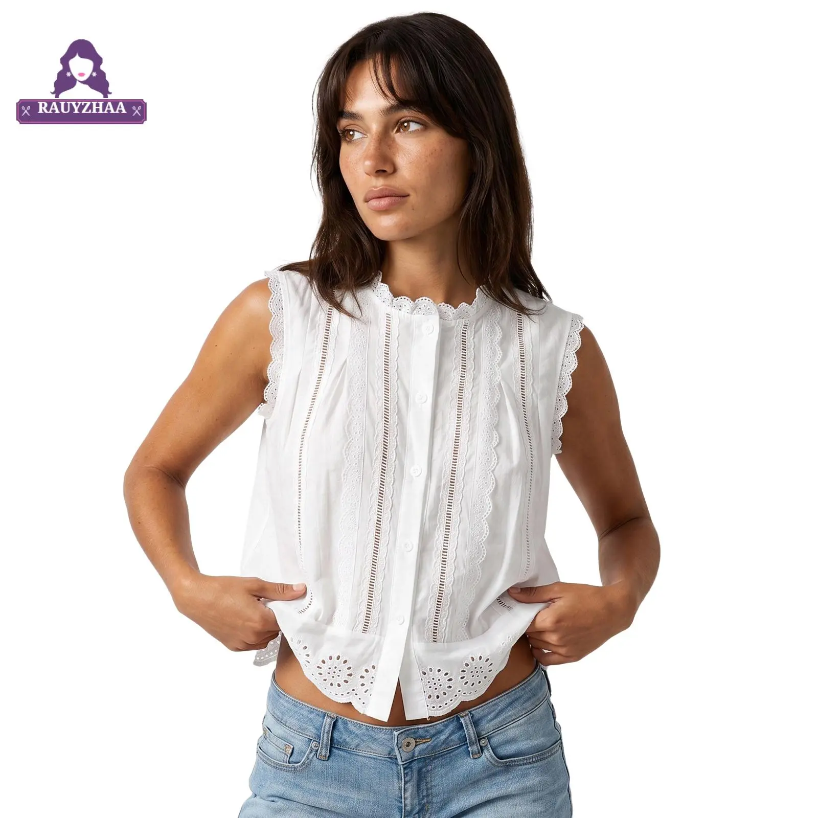 Women Boho Lace Tank Top Eyelet Button Down Shirts Ruffle Crop Tops | Cottagecore Eyelet Button Down Shirts for Teen Girls Open Front Tie Crop Vest Shirt Pleated Ruched Ruffle Tank Top