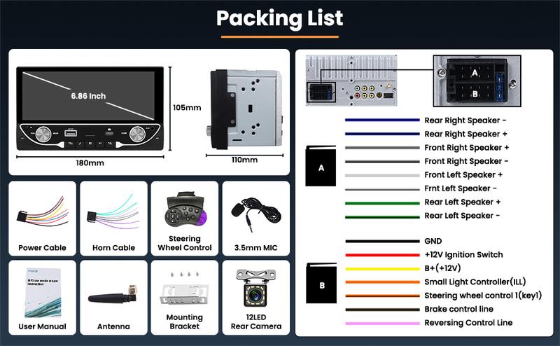 Hikity Double Din Car Radio with Wireless CarPlay Android Auto, Auto Radio with Bluetooth Hands-Free 6.86 Inch Touch Display Radio support DVR FM/EQ/AUX+Rear View camera