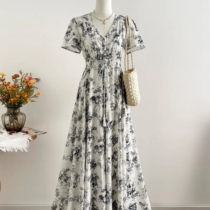 Women's Bohemian Casual Boho Chic Style Floral Print Dress, Short Sleeve V Neck Design, Swiss Dot Ruffle Layered Long Skirt, Fitted Slimming Cocktail Dress for Summer Fashion, Boho Dresses