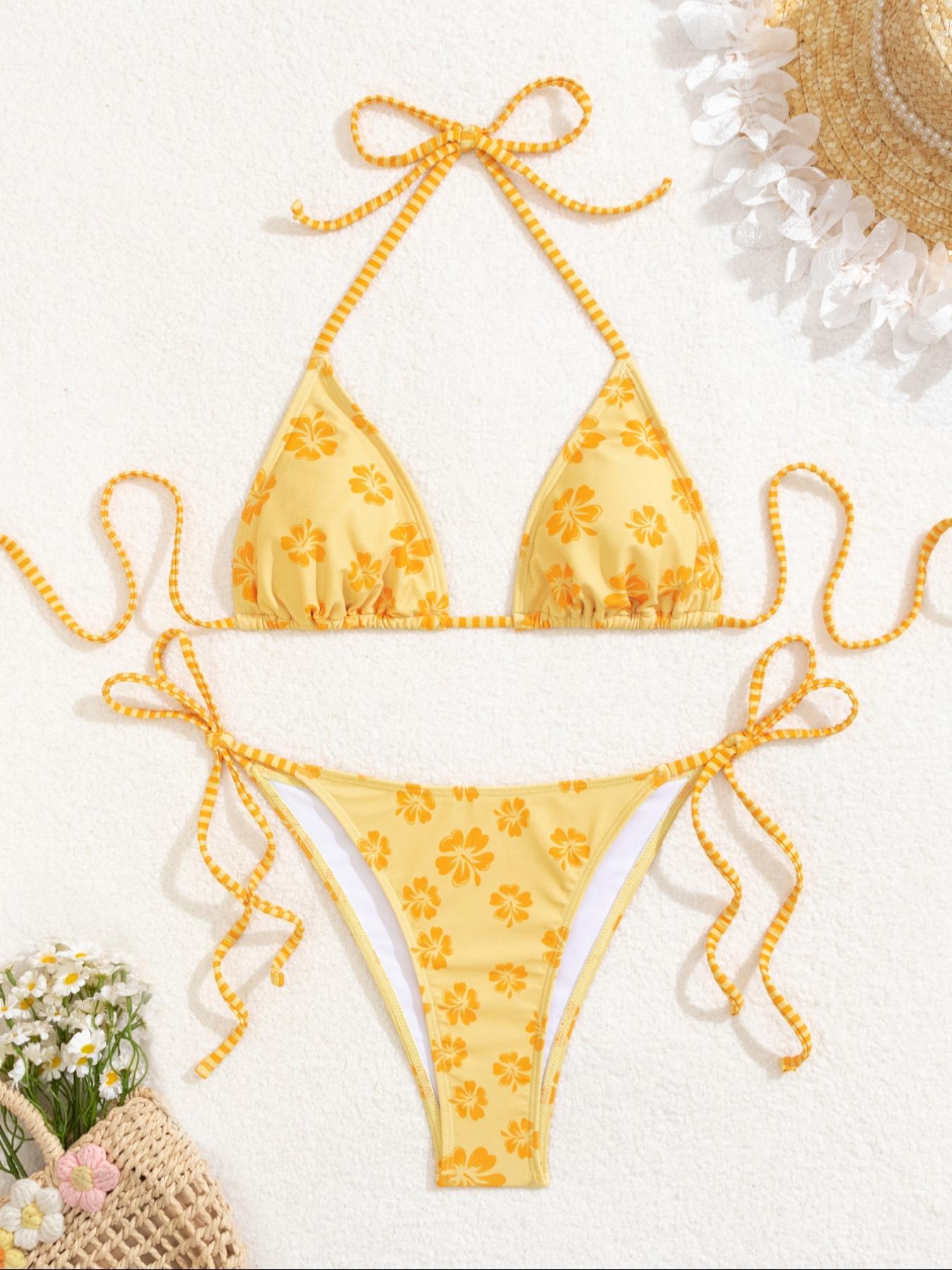 Two-piece Set Women's Striped / Floral  Print Bikini Set, Casual Fashion Chic Swimwear Set for Beach Holiday Vacation, Ladies Swimsuit for All Seasons