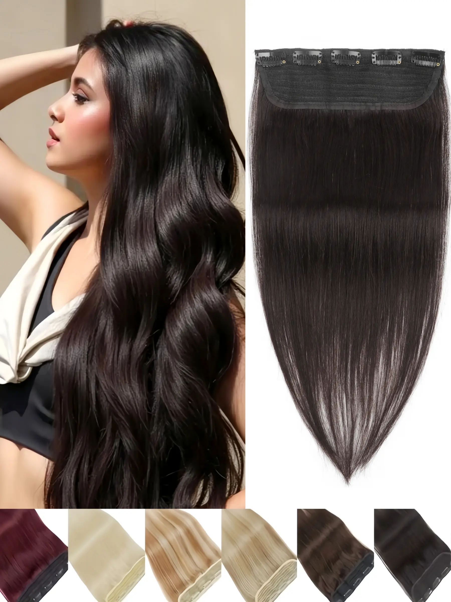 3/4 Full Head Real Human Hair Extension with 5 Clips for Insertion, Straight Hair Extension for Women to Increase Hair Volume