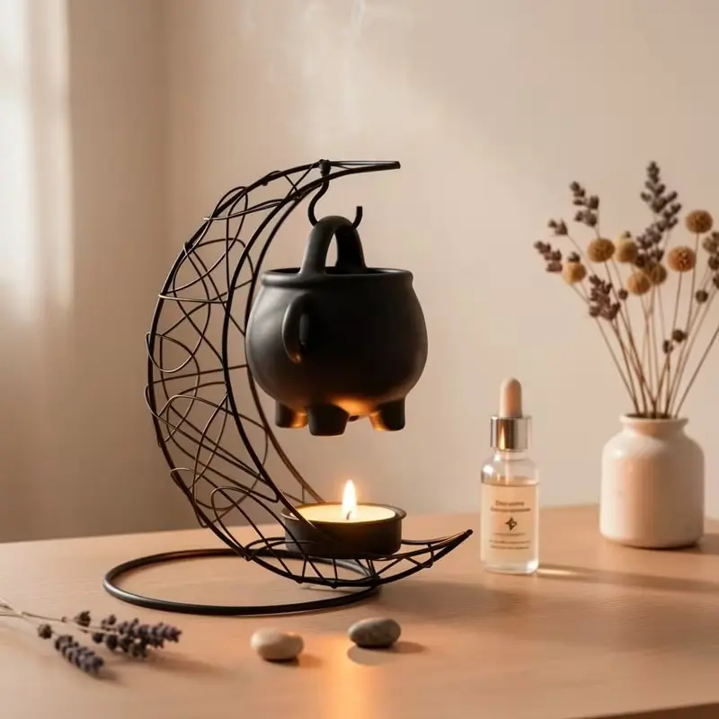 Moon Shape Candle Holder Set, Iron Stand Hanging Ceramic Cauldron Wax Melt Burner, Essential Oil Diffuser for Candle & Wax, Relaxing Aroma Home Decor