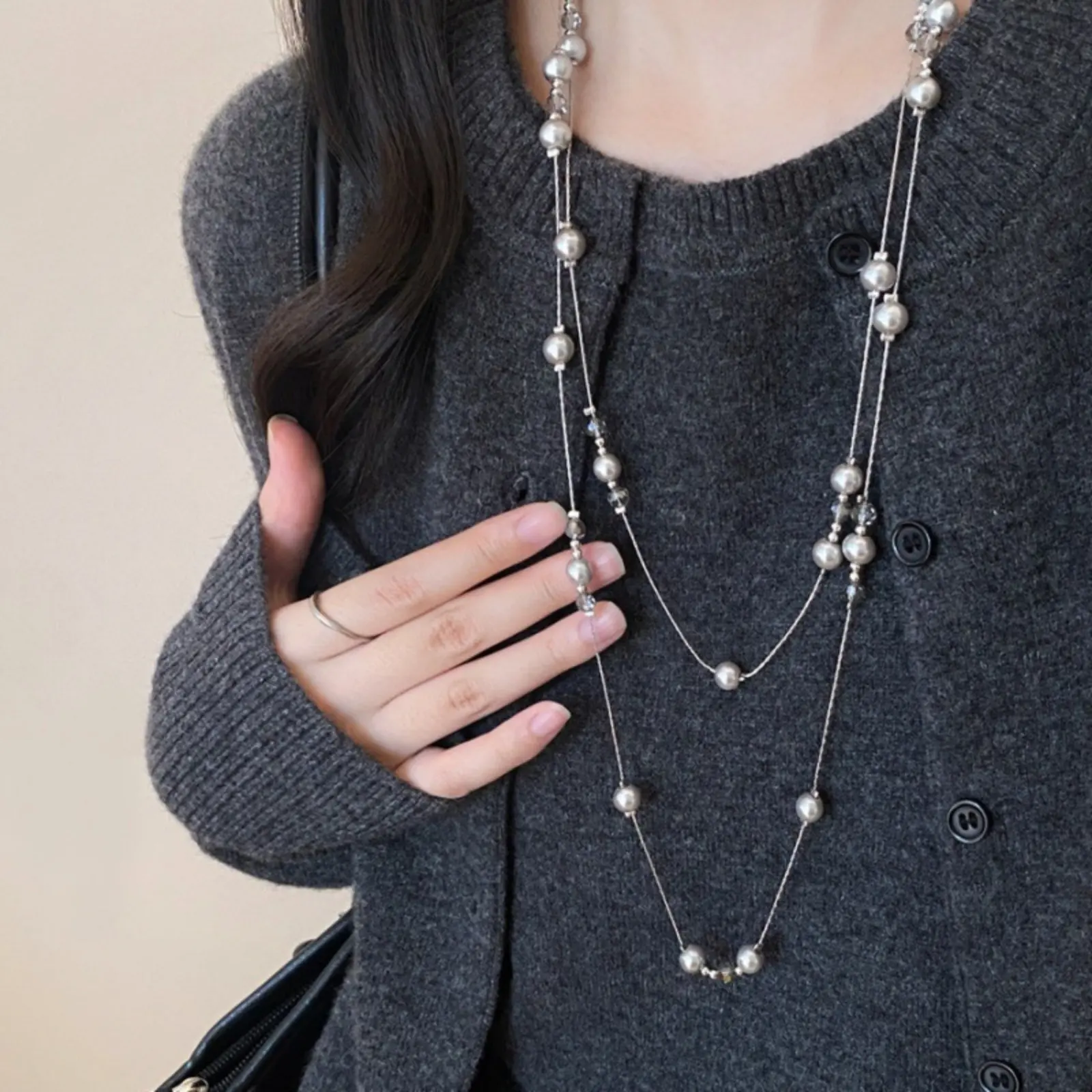 Women Multi Layer Grey Pearl Long Necklace, Minimalist Two Tone Bead Station Y Shape Sweater Chain, Silver Tone Stackable Asymmetrical Long Neck Jewelry, Adjustable Clasp Casual Outfit Layering Accessory, Matte Gray Imitation Pearl Dainty Layered Neck Cha