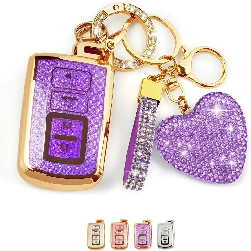 Vibrant Purple Luminous Sparkle Hearts TPU Car Key Fob Cover - 1 Piece, Car Key Protector with Sparkle Accents & Heart Diamonds, Dustproof Full Protection Scratch Guard, Women's Toyota Corolla RAV4 Highlander Camry Accessory