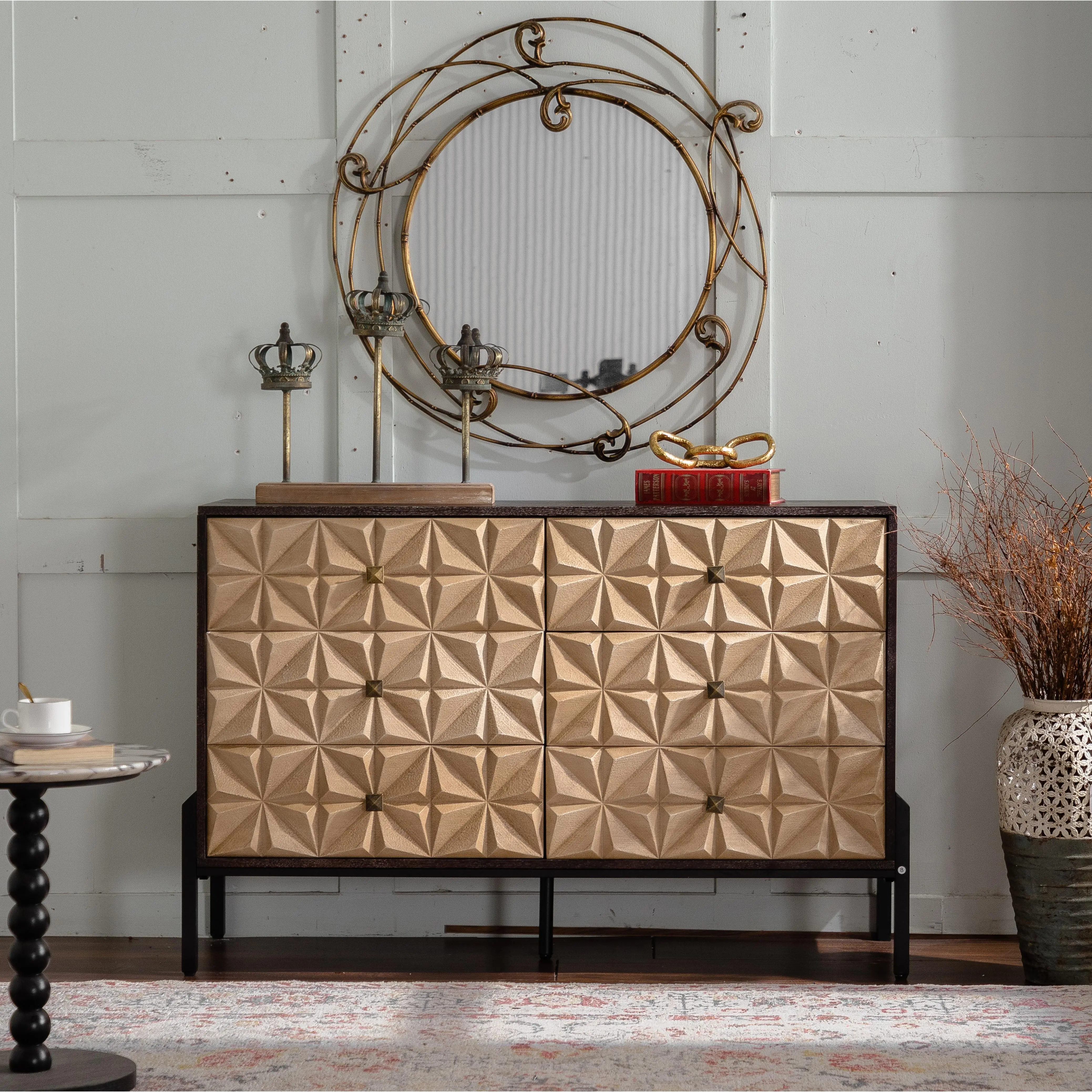 ARCH 48.21" Mid-Century Modern 6-Drawer Sideboard Buffet Console Table, Solid Wood & MDF Dresser with 3D Geometric Diamond Design, Black Metal Legs, Storage Cabinet for Living Room Dining Room Entryway, Bedroom Storage Organizer for Clothes