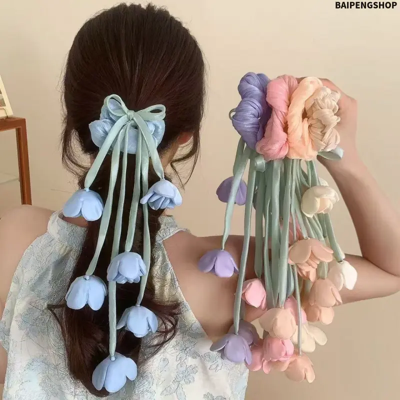 4-Pack Fairycore Flower Scrunchies, Dreamy Tulle & Satin Elastic Hair Ties with Long Ribbon Detail, Aesthetic Y2K Hair Accessories for Women, Cute Hair Bands Ideal for Picnic, Party and Wedding Guest Outfits