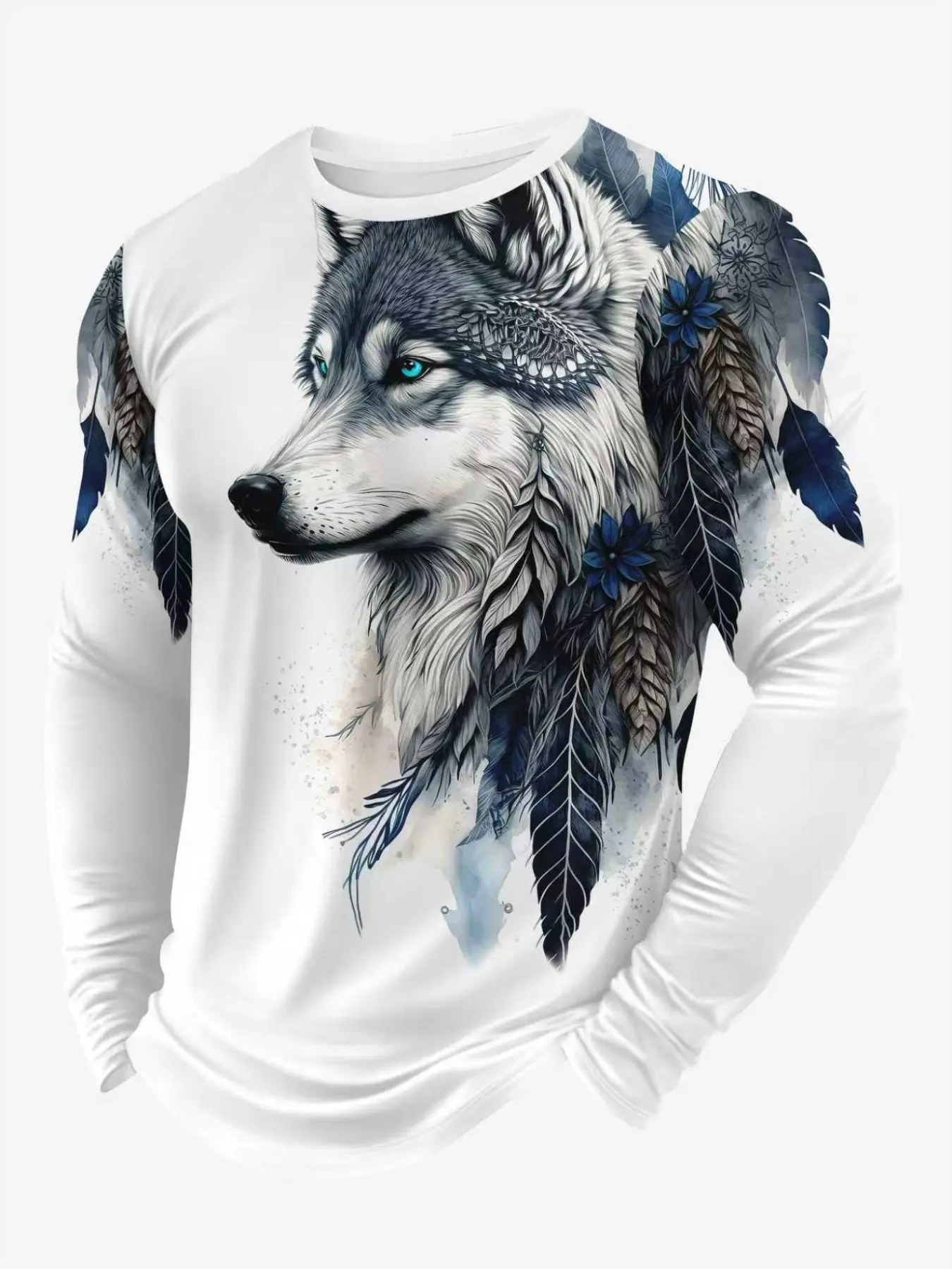 Men's Long Sleeve T-Shirt, Vintage Watercolor Wolf Feather Floral Print Crew Neck Top, Casual Loose Fit Daily Wear Fashion Long Sleeve Shirts For Men