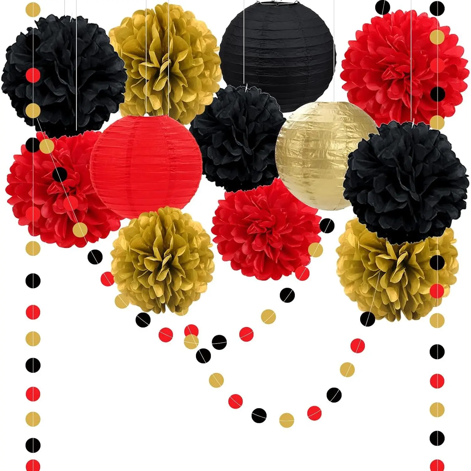 14pcs Bold Colors DIY Party Decor Set - Paper Lanterns, Pom Poms, Polka Dot Garlands, Black Gold White, Red Black Gold Elements for Birthday, Casino Decor Supplies