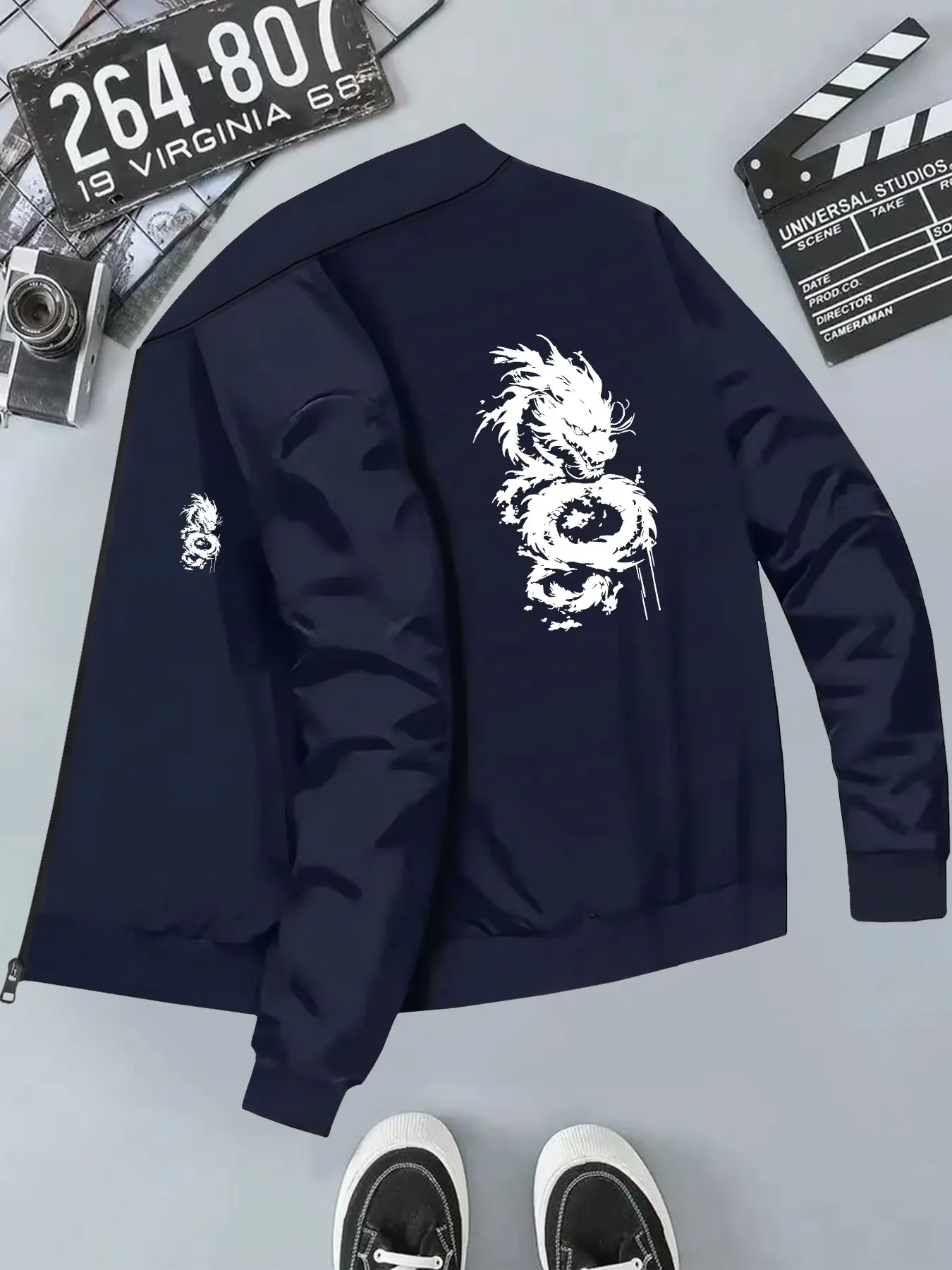 Dragon Print Men's Casual Jacket, Long Sleeve Slim-Fit, Geometric Pattern, Pull-On Closure, All Seasons