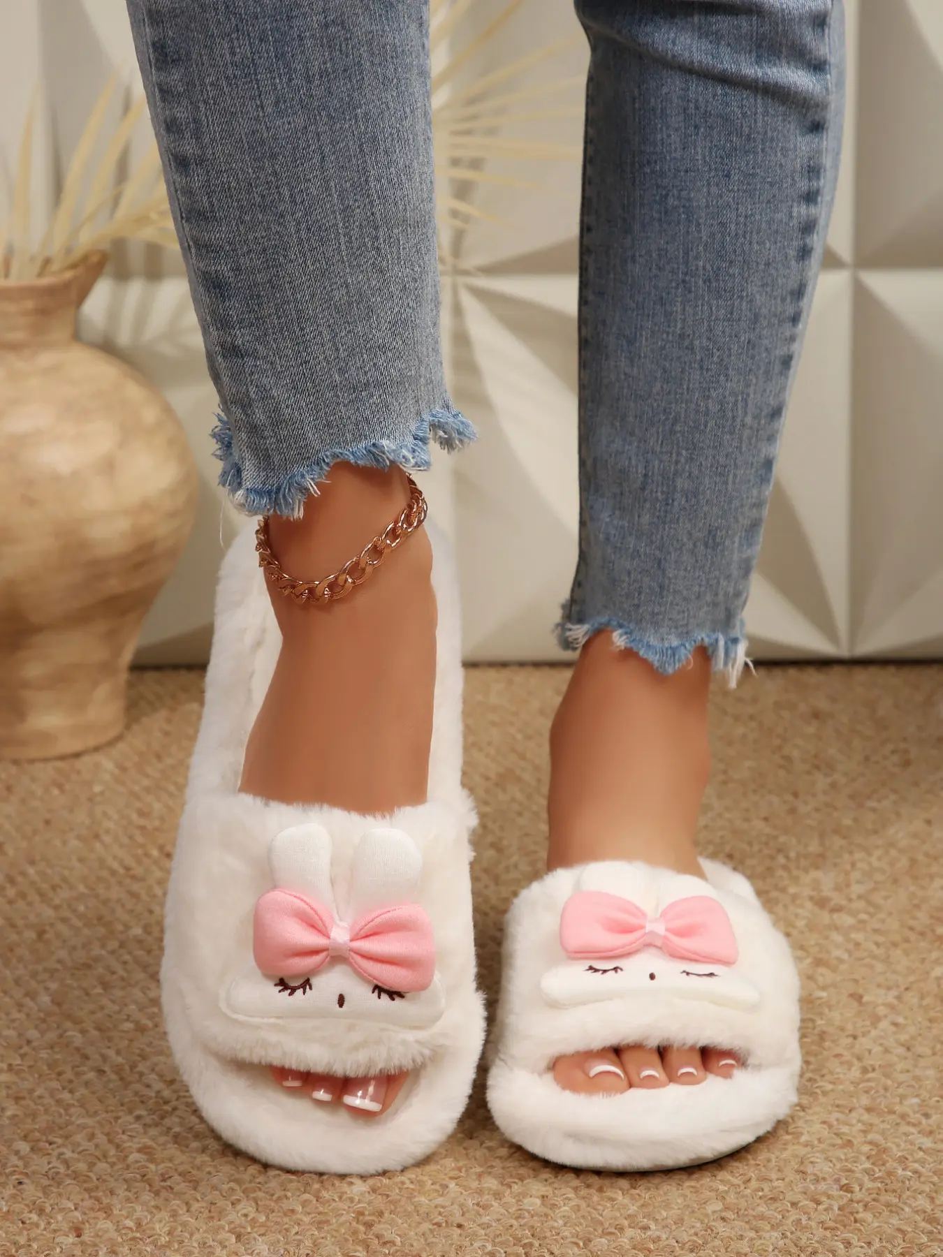 New Women's Cartoon Bunny Bow Slippers, Soft Textile Rubber Sole, Cute Design, Indoor Outdoor Casual Shoes, All Seasons