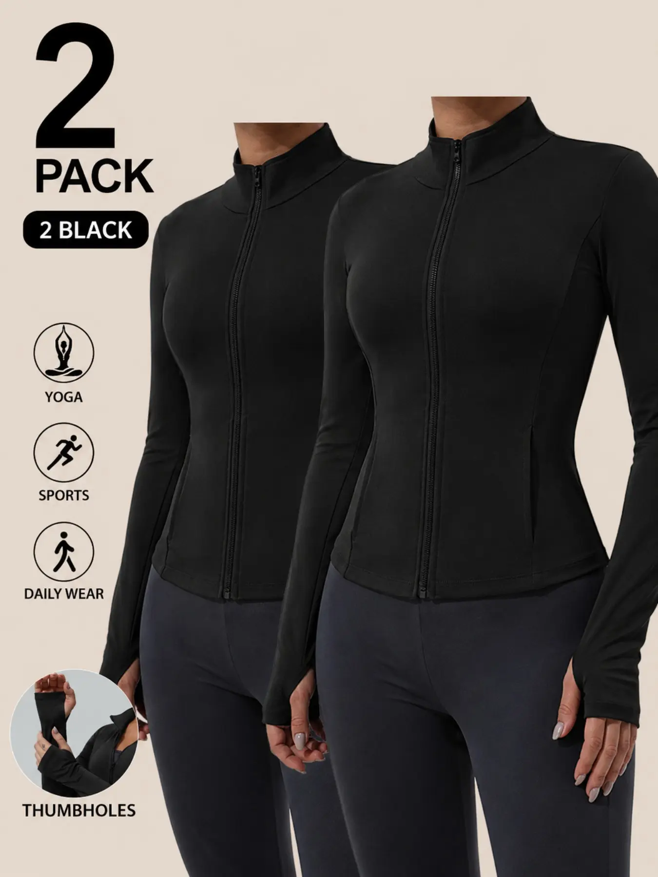 2 PACK Women's Fitted Sporty Outerwear, Full Zipper Long Sleeve Jacket, Thumb Hole Design, High Elastic Knit Fabric, Yoga Fitness Coat, Zippered Sports Jacket