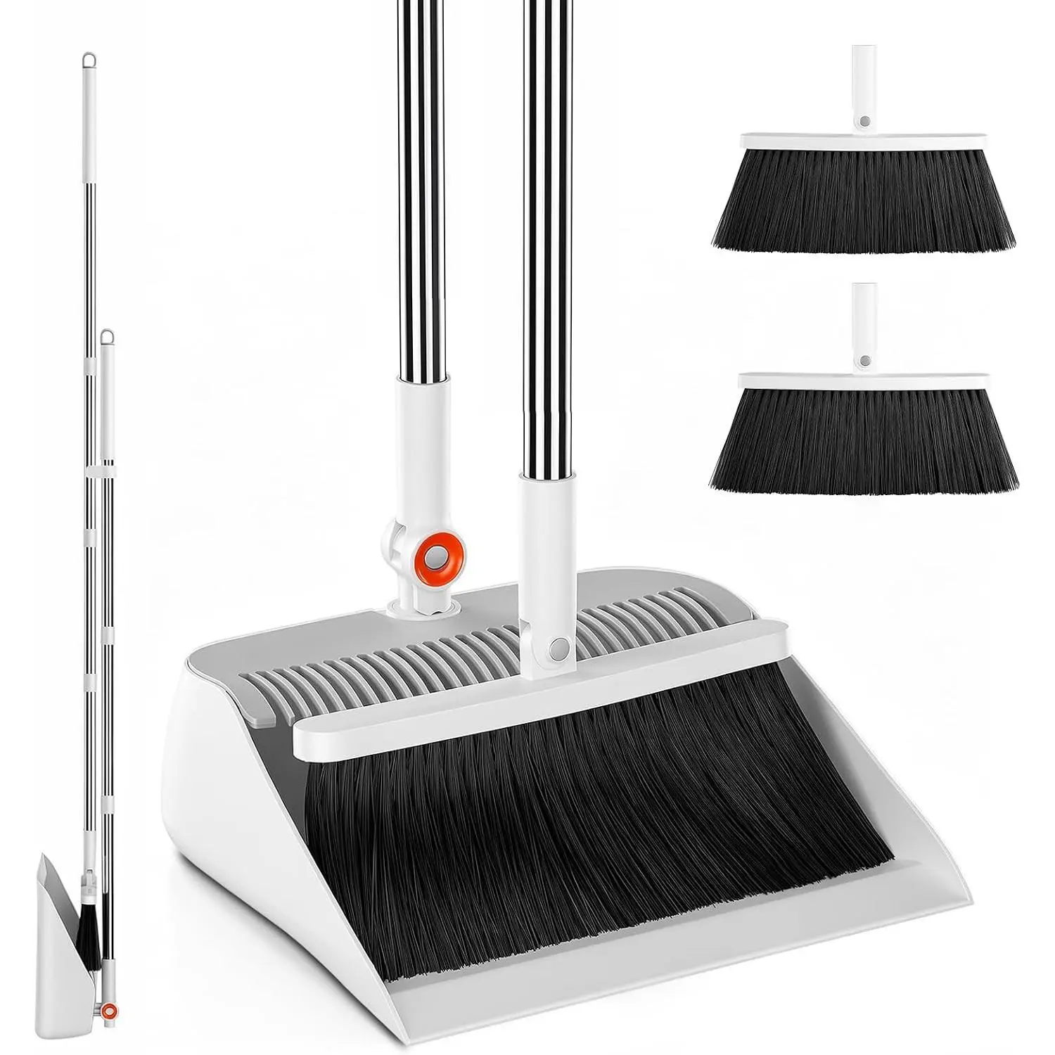 Broom and Dustpan Combo Set, 53" Long Handle Collapsible Sweeping Set with 2 Broom Heads, 180° Swivel Broom Head, 360° Lockable Dustpan, Built-in Hair Comb for Home Floor Cleaning